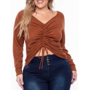 NWOT Curvy Sense Amber Long Sleeve Ribbed Ruched Drawstring Top